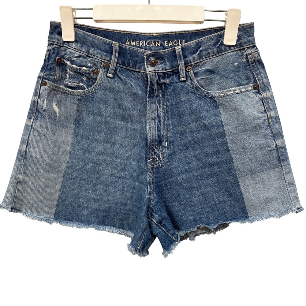 American Eagle Patchwork High Rise Denim Shorts Blue Distressed Cutoff Size 8